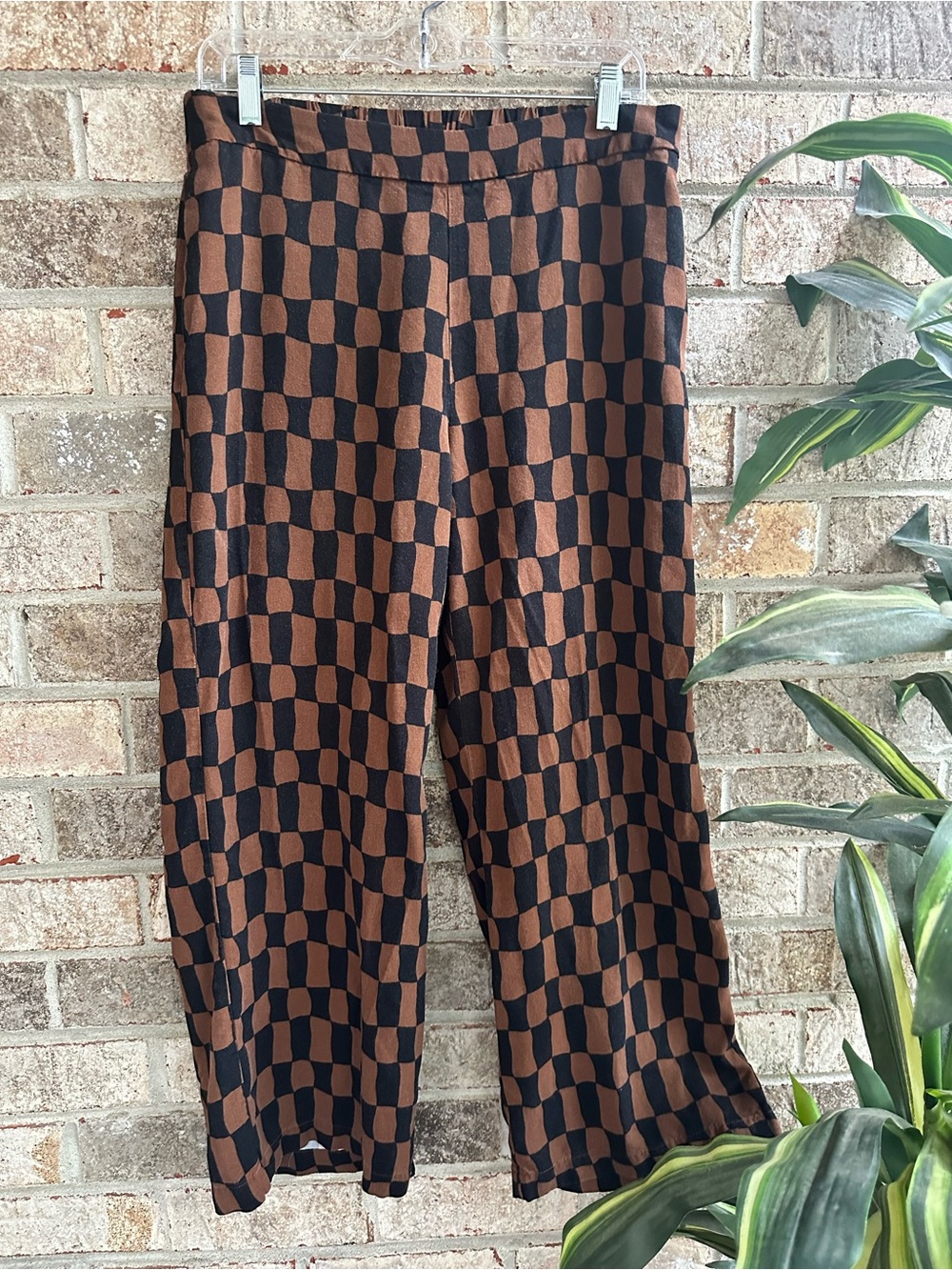 Old Navy Playa wide leg high rise elastic waist brown Checker Pants Large - Picture 4 of 9